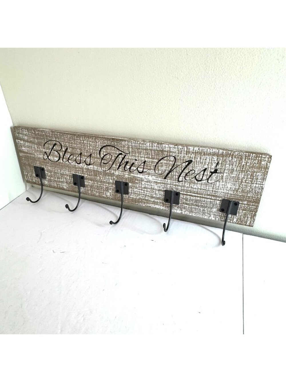 Bless This Nest Rustic Wood Sign Wall 5-Hook Rack Farmhouse Religious Distressed